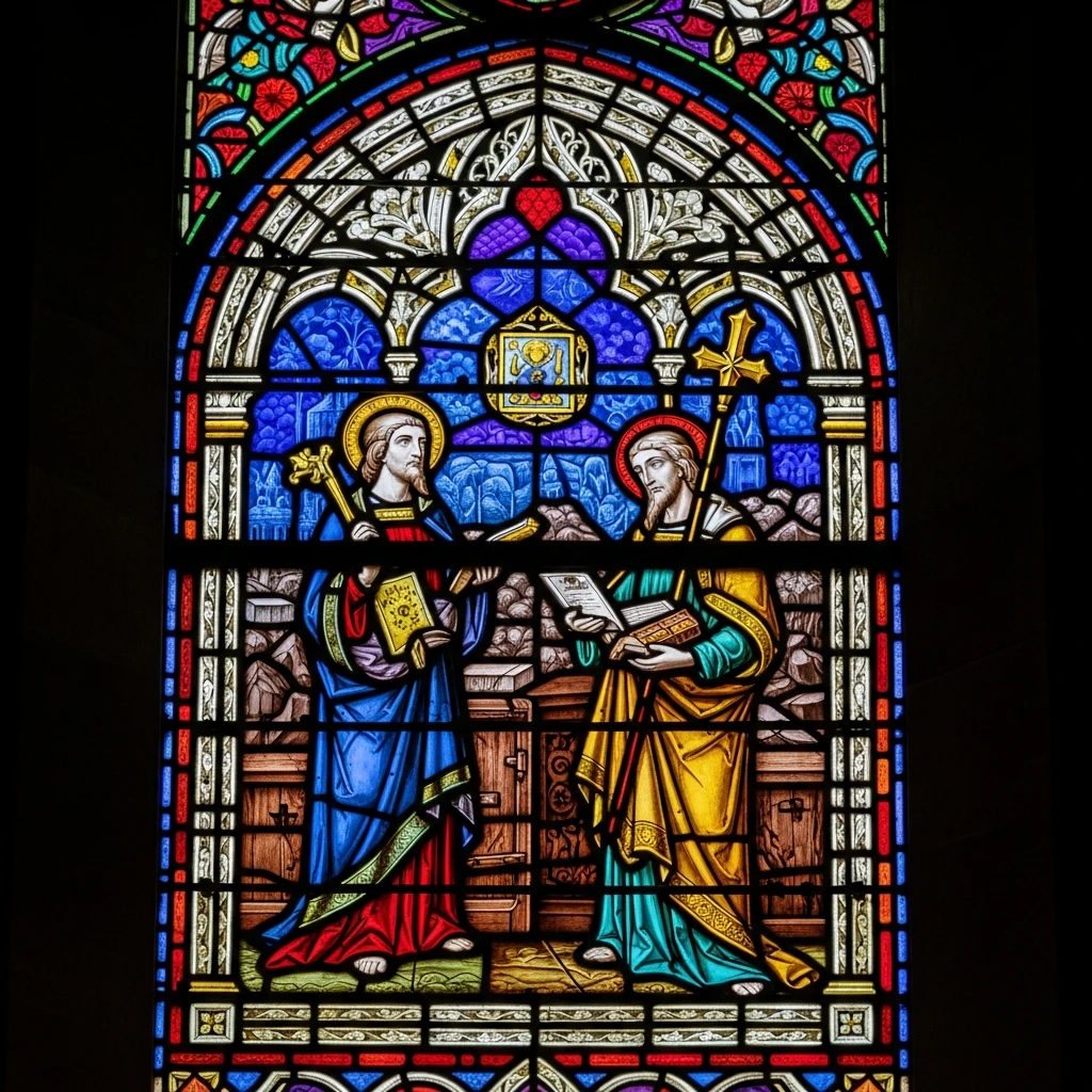 Close-up of a highly detailed stained glass window emphasizing the rich colors and the lead framework.