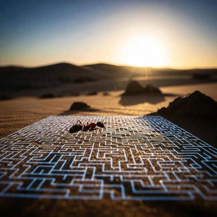 An ant on sand with a faint digital maze pattern in the background.