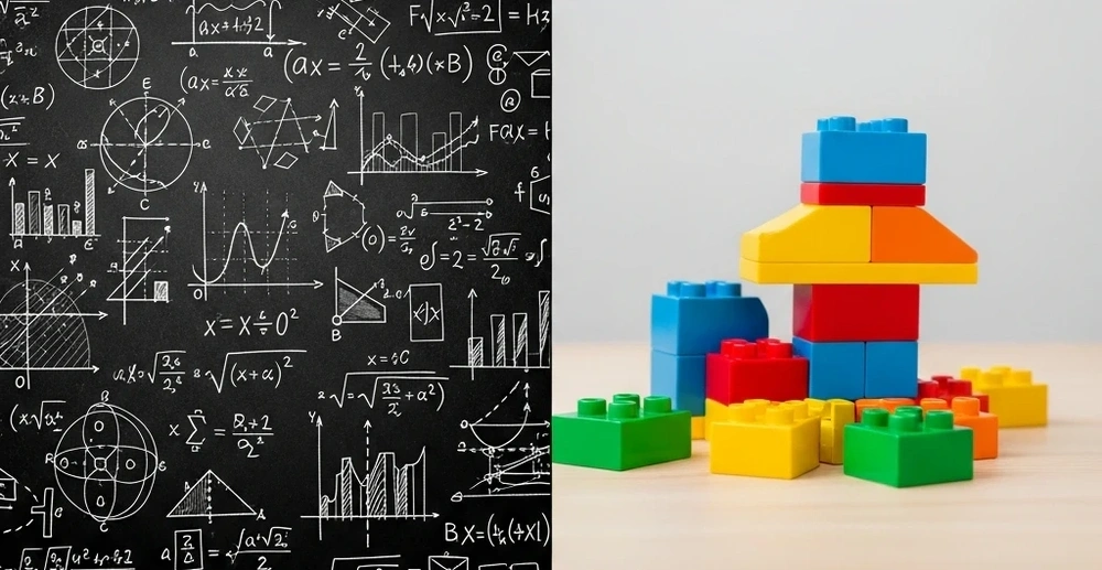 A comparison between complex symbolic logic and simple geometric shapes.