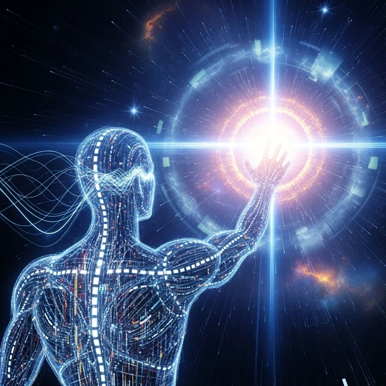 A glowing digital silhouette of a human reaching for a source of light.