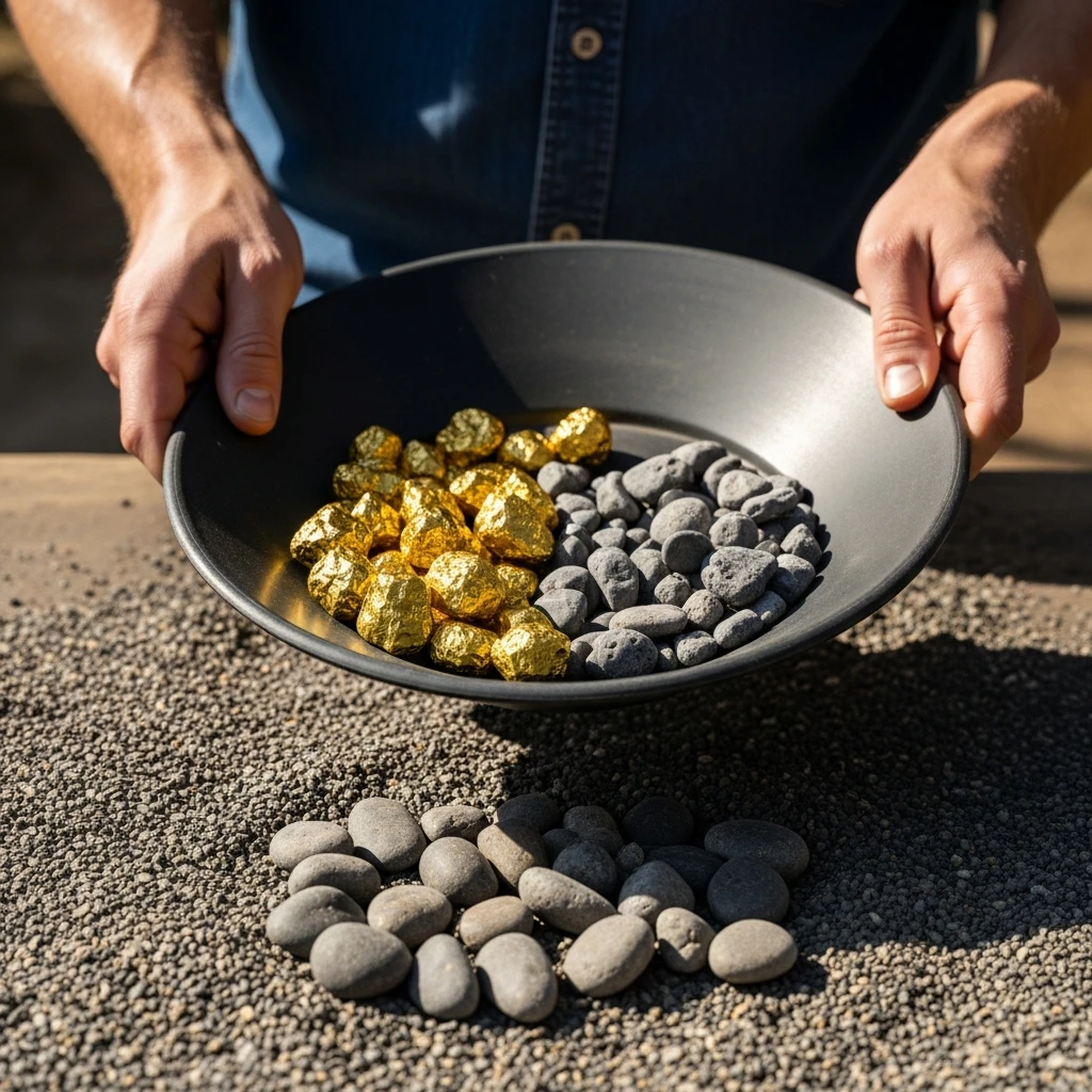 Close-up shot of hands using a gold pan, separating bright nuggets from dark sediment.