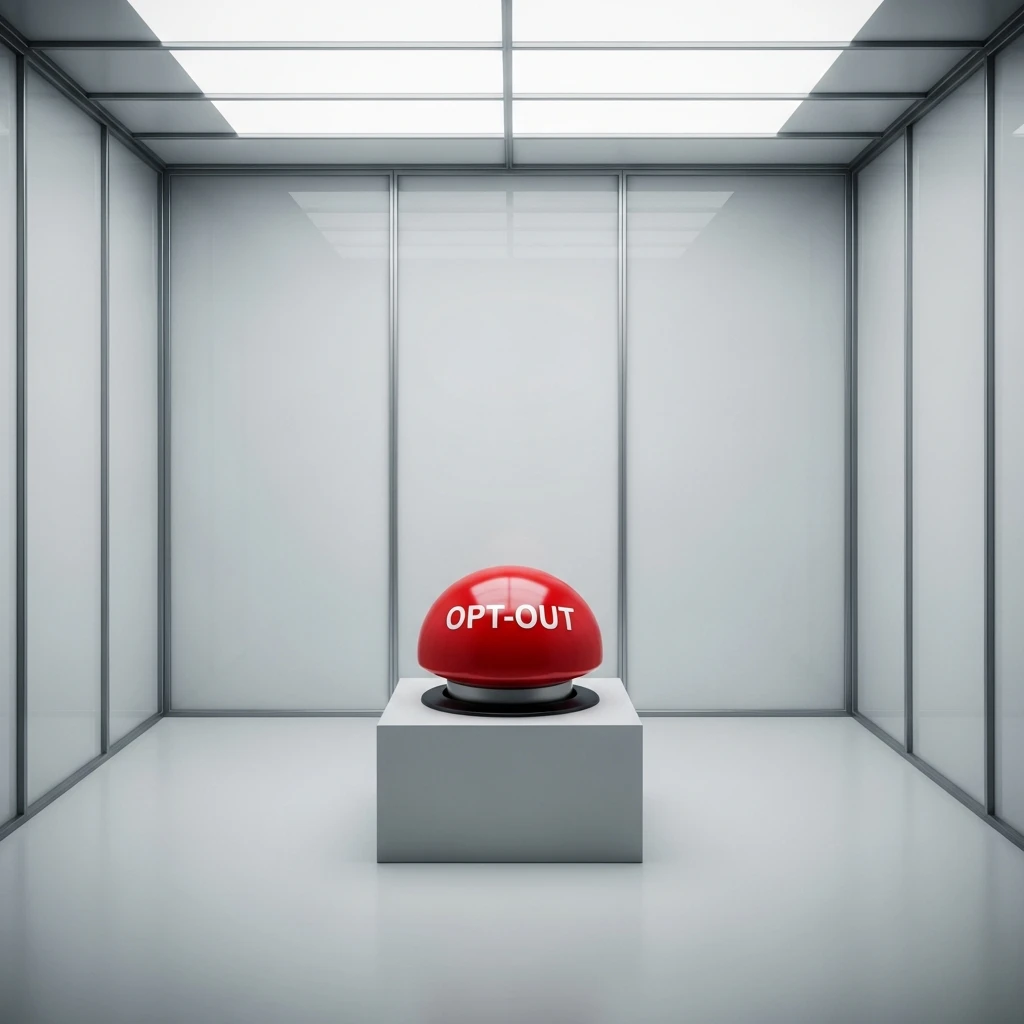 Conceptual image of a large, red 'Opt-Out' button in an empty, modern room.