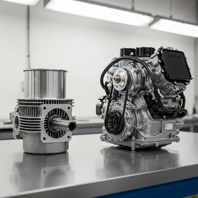 A comparison photo of a vintage air-cooled car engine part and a modern, complex hybrid car power unit on a workbench.