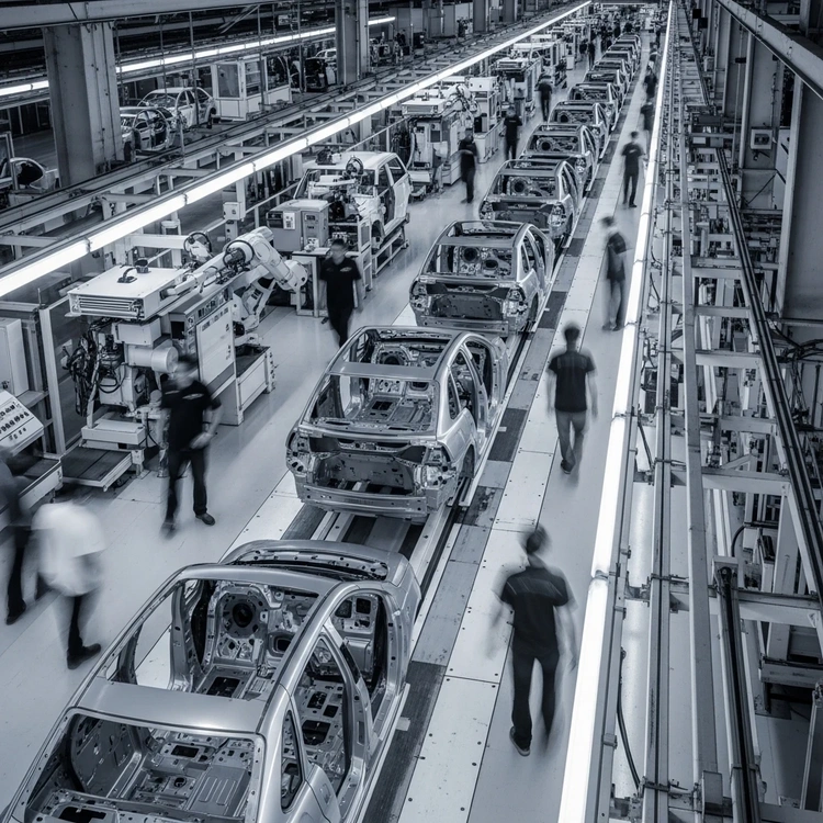 An overhead view of a car factory assembly line showing multiple identical vehicle frames in precise alignment.