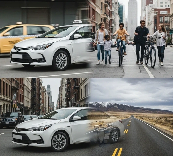 A multi-exposure image showing a single Toyota Corolla in four different scenarios: as a taxi, a family car, in a city, and in the countryside.