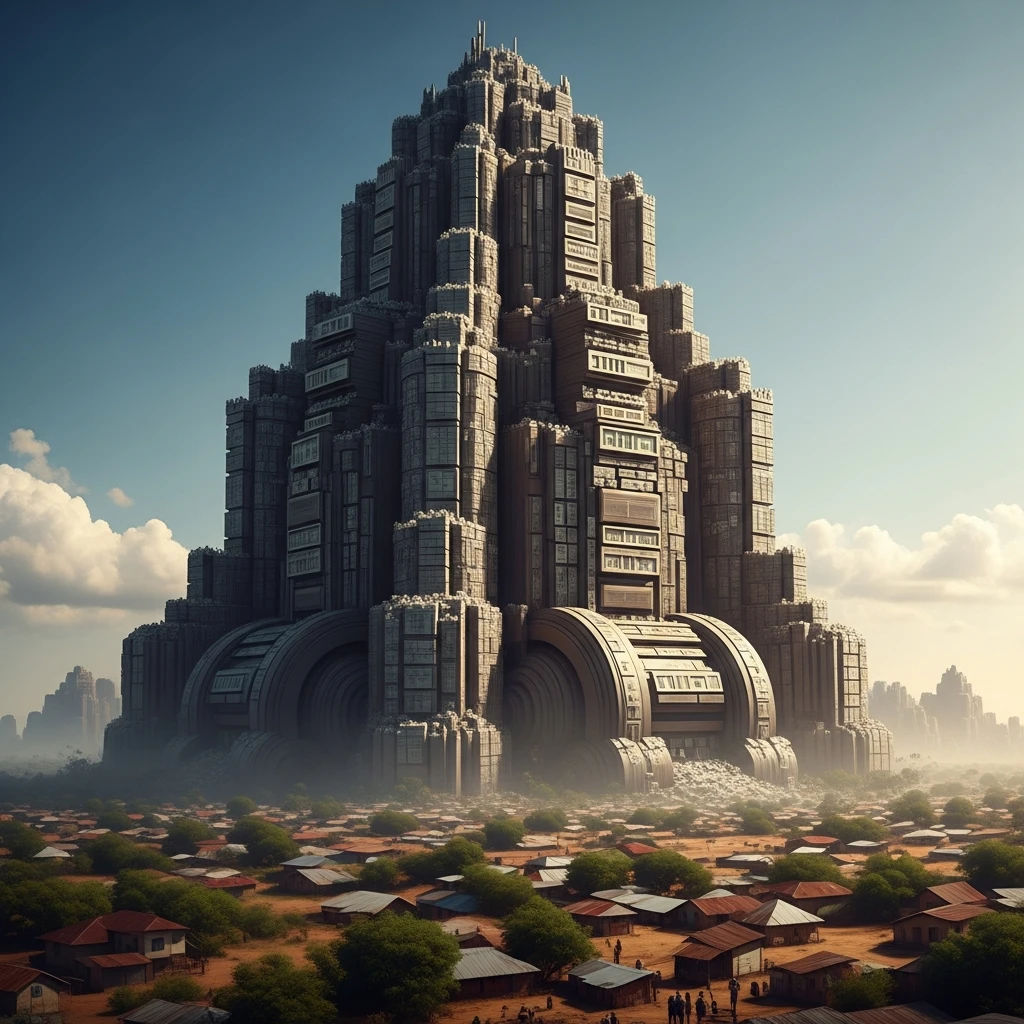 An imposing bureaucratic fortress representing the global aid industry