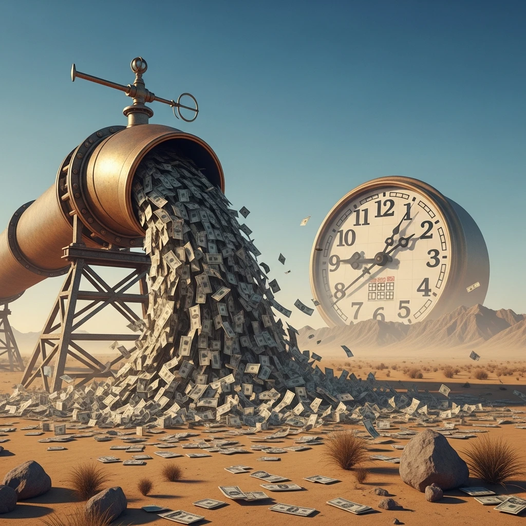 A massive pipeline spewing cash into a barren desert