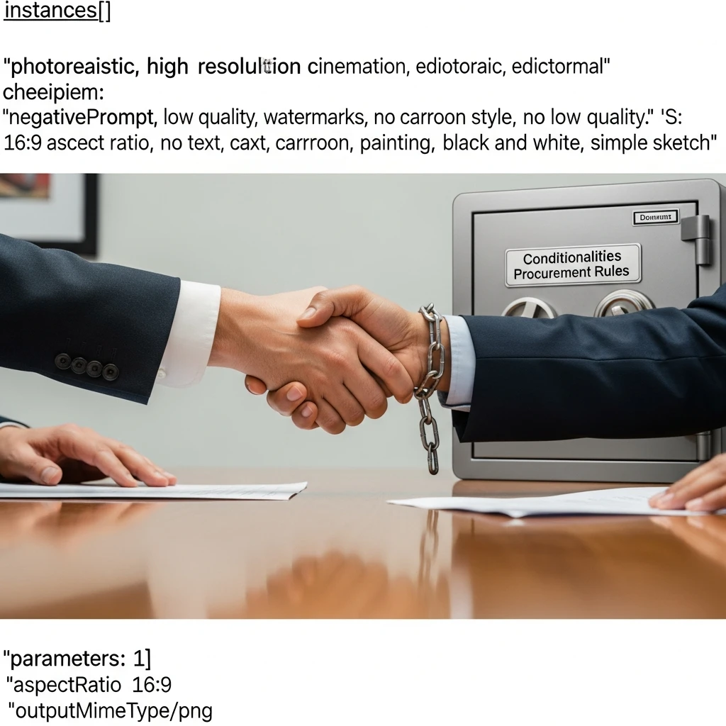 Two hands shaking with the recipient's wrist chained to conditionalities