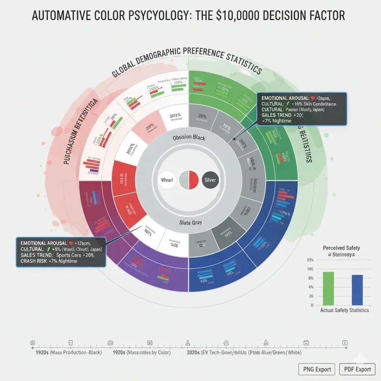 A horizontal spectrum showing automotive paint colors ranging from warm to cool tones: vivid red, orange, yellow, green, cyan, blue, indigo, and violet. Each color segment displays varying levels of saturation and lightness, demonstrating the psychological dimensions that influence consumer purchasing decisions. The spectrum is presented against a neutral background with subtle gradients between hues, illustrating how automotive manufacturers manipulate color properties to trigger specific emotional and economic responses in buyers.