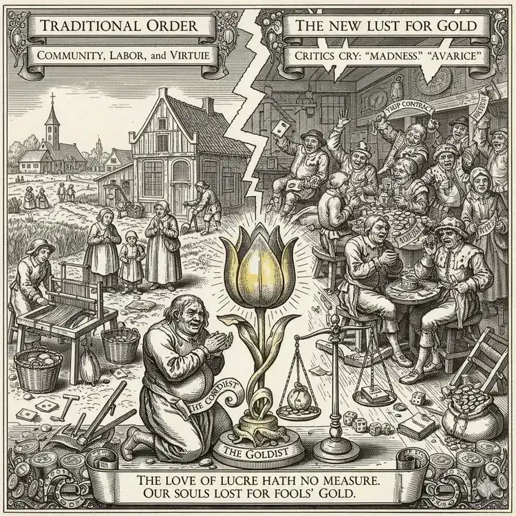 Symbolic still life composition in the style of 17th-century Dutch vanitas painting: A single, brilliantly colored tulip bulb placed prominently on a table next to a humble onion, a gold coin, and scattered ledger pages with chaotic financial calculations. Background elements include a cracked mirror reflecting distorted images, symbolizing the confusion of value and reality. Include subtle plague imagery (a skull or hourglass) in the background to foreshadow the next section.