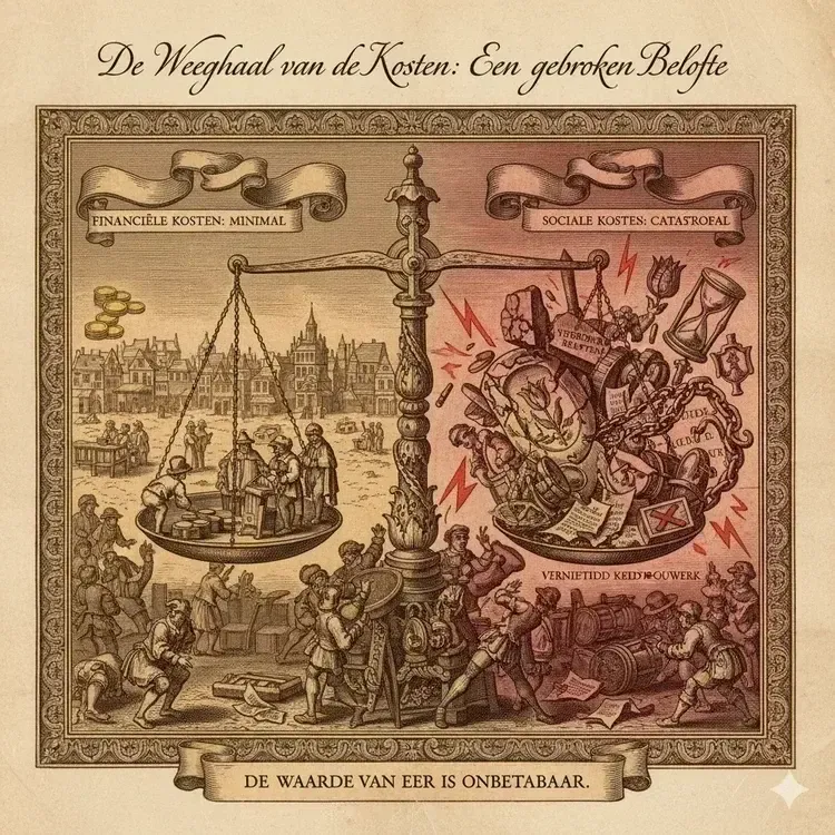 Network diagram of trust relationships: central honor and credit node connecting merchants and contracts, historical figures linked by paper contracts and handshakes, tulip bulbs symbolizing speculation.