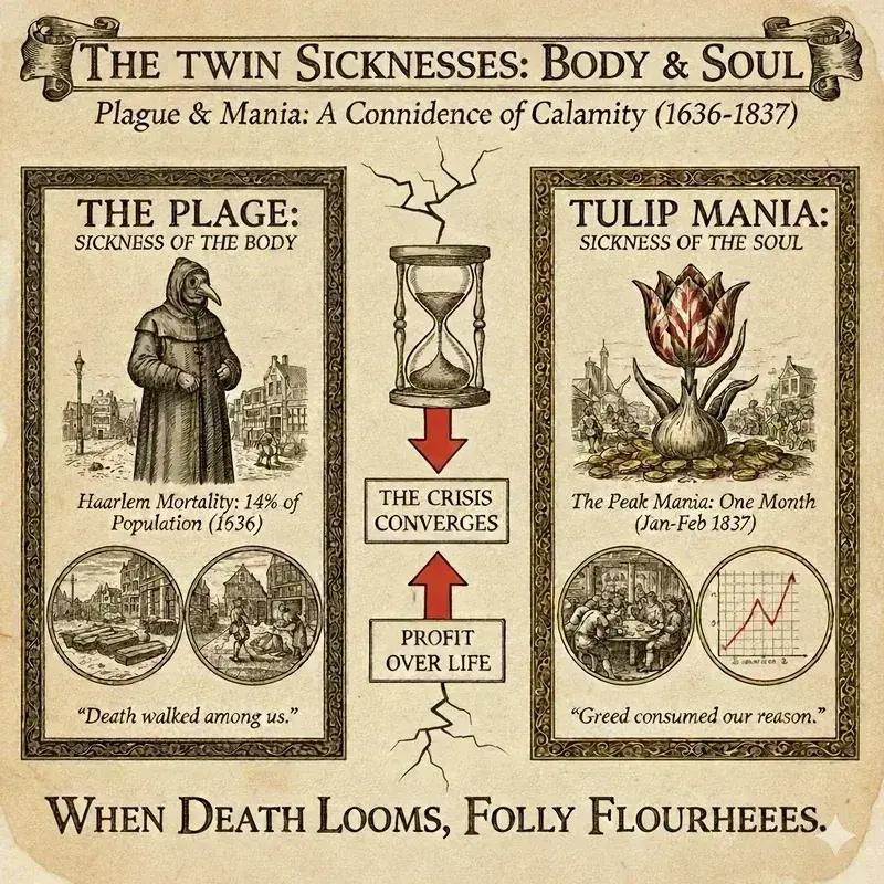 Infographic of plague and mania coincidence: plague doctor icon with 14% Haarlem mortality 1636, tulip and tavern icons with one month mania Jan-Feb 1637, emphasizing greed during health crisis.