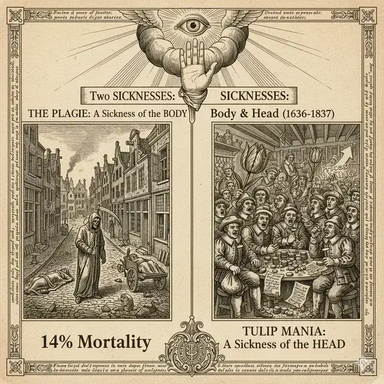 Hierarchical pyramid diagram showing social inversion during Tulipmania: traditional order at bottom with upward mobility through gambling wealth, chaotic scene at top with laborers dominating nobles, broken looms and luxury items, red arrows emphasizing terrifying inversion.