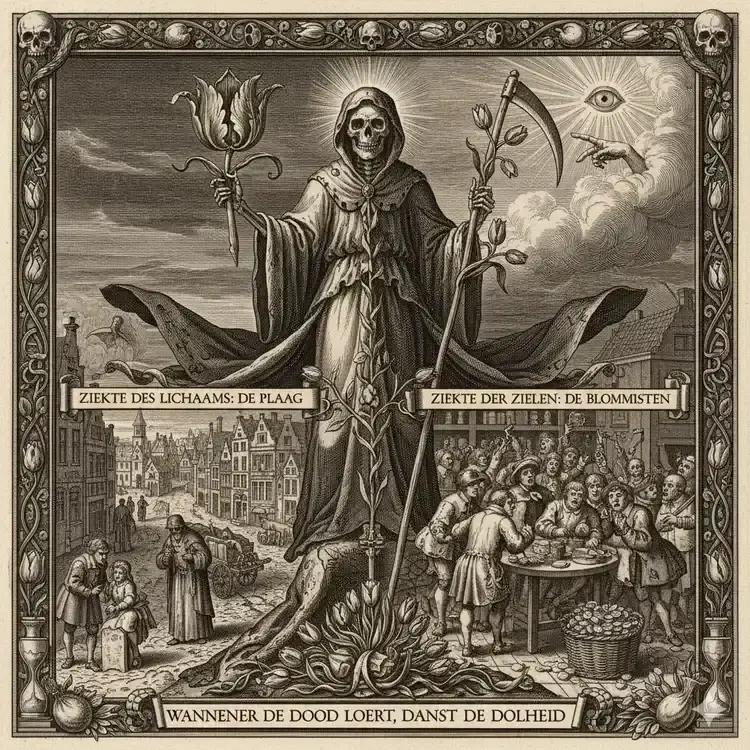 Before-and-after sequence of greed transformation: traditional labor scene with weaver at loom and modest table, then broken loom and weaver in tavern with luxury foods, gambling dice and religious icons replaced by tulip idols.