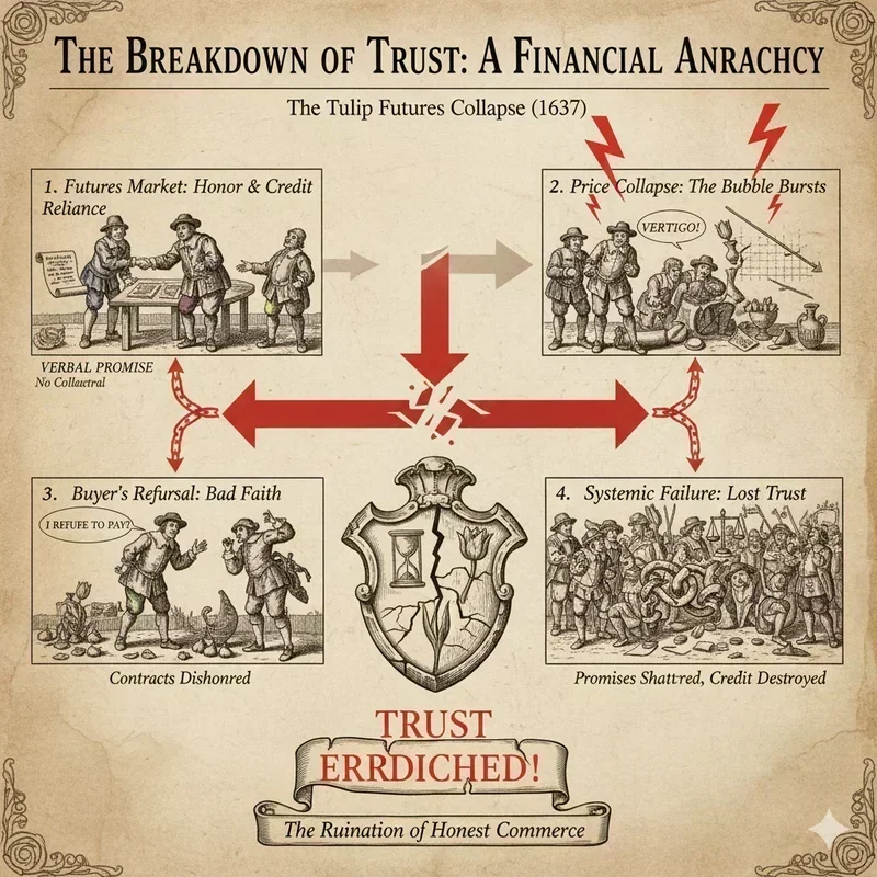 Sequential flowchart of trust breakdown in Tulipmania: futures market to honor/credit reliance, price collapse, buyers refusing payment in bad faith, systemic failure with broken promises and lost trust, red arrows and broken chains.