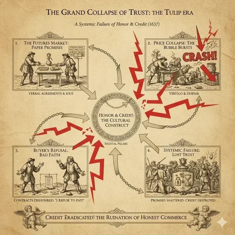 System diagram of trust breakdown: futures market paper promises rely on honor/credit cultural construct, price collapse leads to bad faith payment refusal, systemic failure with lost trust and broken promises.