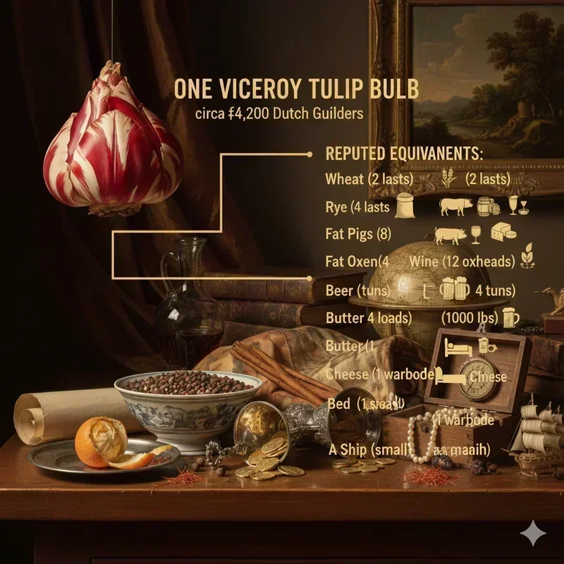 Infographic comparing the value of one Viceroy tulip bulb (c.  4,200) to the list of goods it reputedly equaled: Wheat (2 lasts), Rye (4 lasts), Fat Oxen (4), Fat Pigs (8), Wine (12 oxheads), Beer (4 tuns), Butter (4 loads), Cheese (1000 lbs), Bed, Clothes, and a Ship.