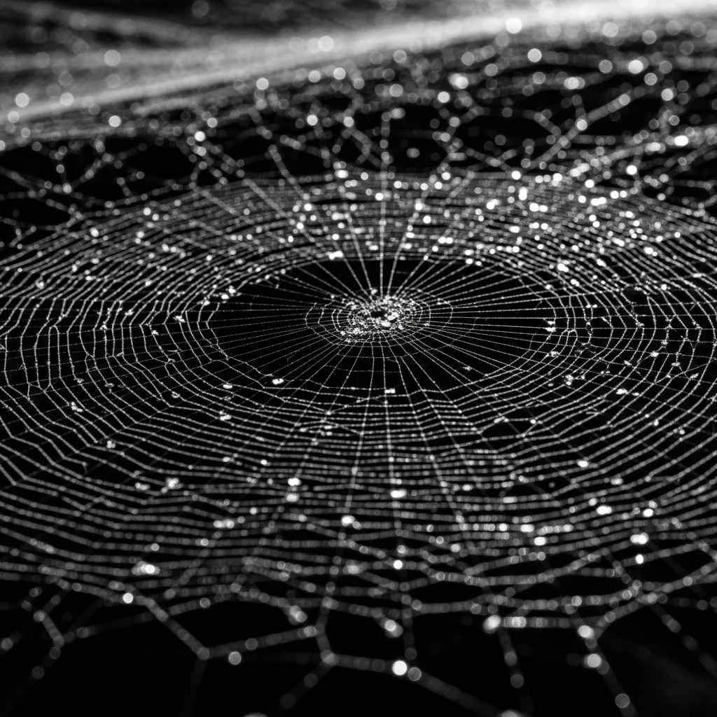 Black and white photo of a large spiderweb catching small reflective fragments, illustrating market signal collection.