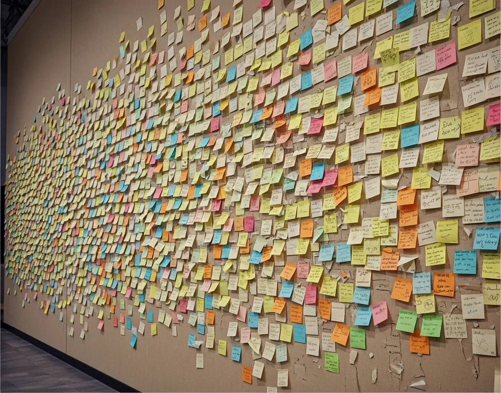 Oil painting image showing a wall covered in color-coded sticky notes representing product research synthesis.