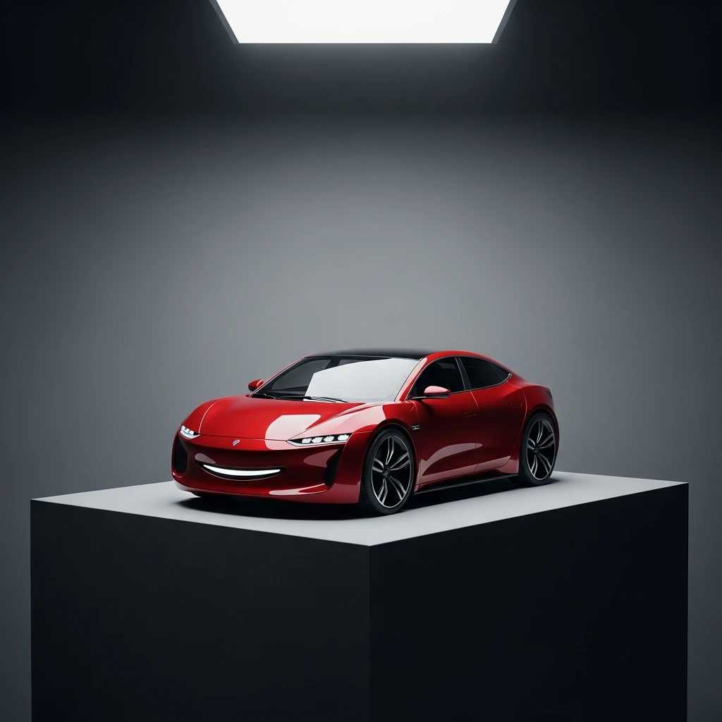 Scale model photograph of a modern red car with a subtle, human-like smile, symbolizing product stance.