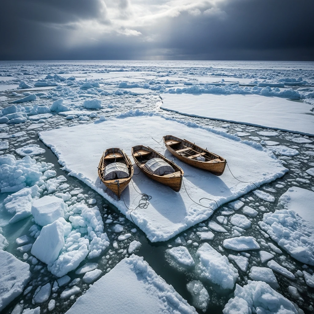 A ship breaking apart in thick ice, representing the moment of crisis.