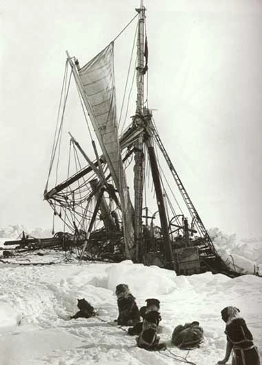 The Endurance sinking under the pressure of Antarctic ice.