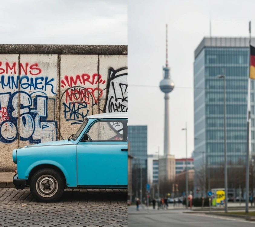 A classic Trabant parked before a surviving section of the Berlin Wall.