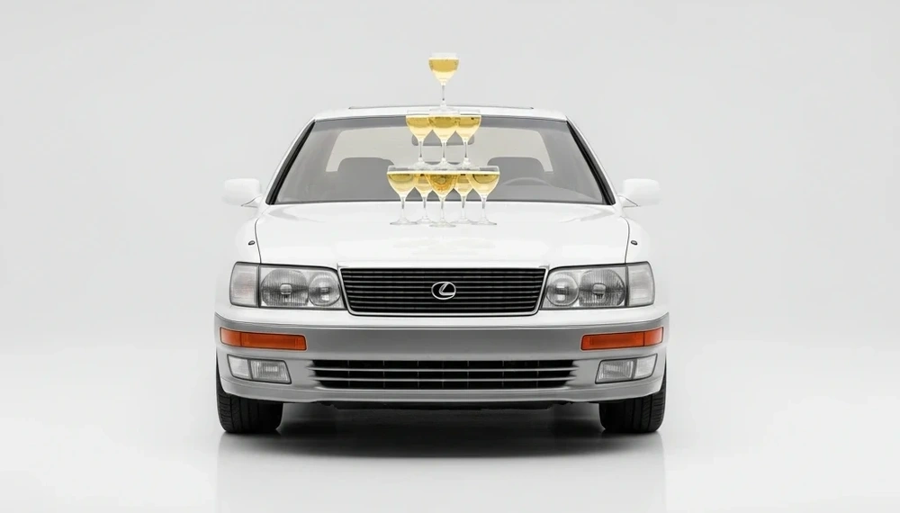 A silver Lexus LS400 with a stack of champagne glasses balanced on its hood.