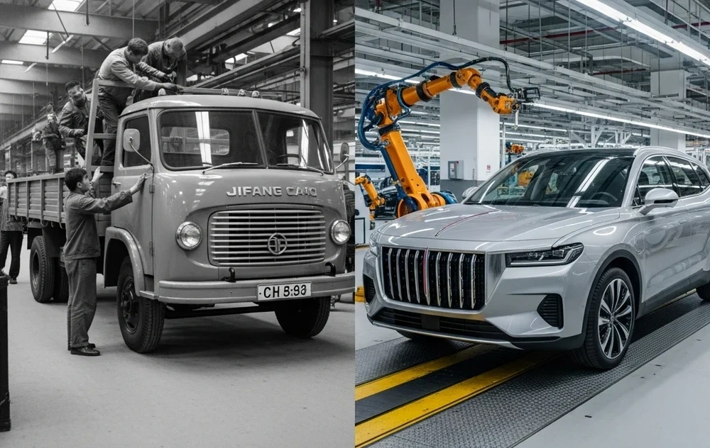 A diptych contrasting a 1950s Chinese truck factory with a modern, robotic EV assembly line.