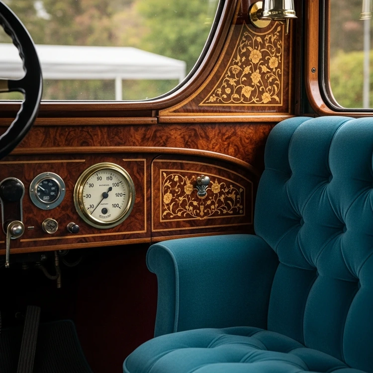 A close-up of the interior dividing wall in an early 1900s luxury automobile.