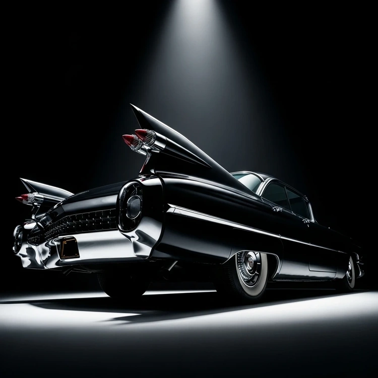 A dramatic studio shot of a 1959 Cadillac with large tail fins under spotlighting.