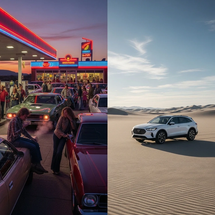 A composite image showing a 1970s gas crisis line next to a modern SUV in a clean, empty desert.