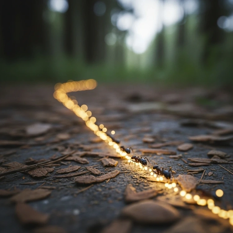 A close-up photo of ants walking on a glowing path through a forest, showcasing stigmergy in nature.