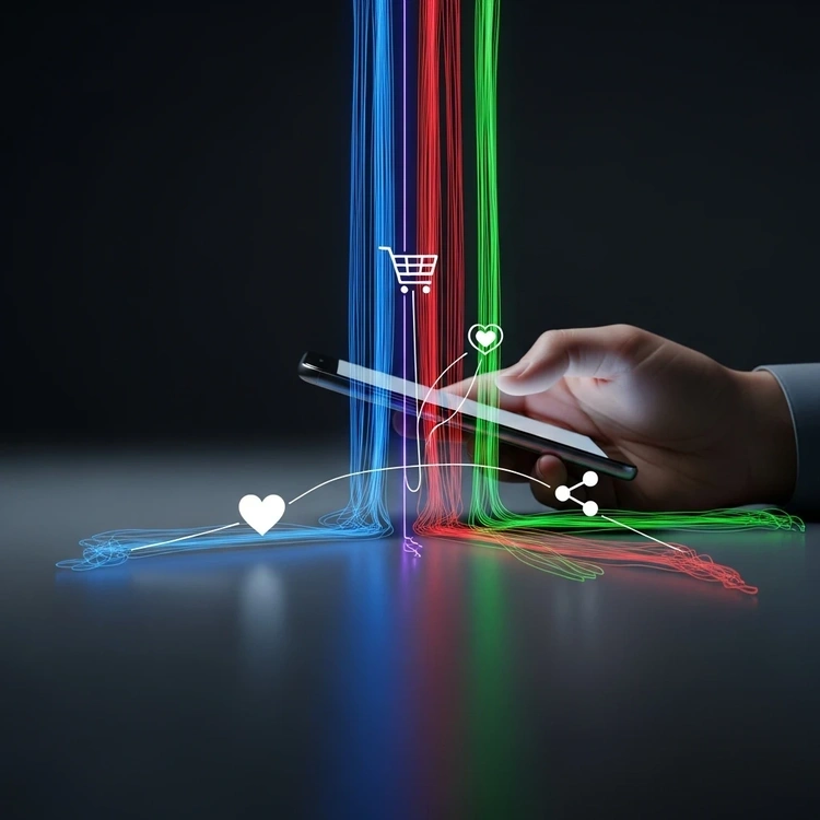 A conceptual image showing colored light streams from a smartphone screen connecting to digital icons, representing data trails.