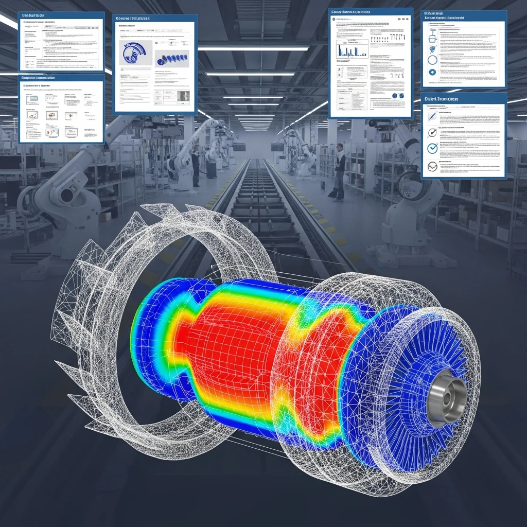 Conceptual image of computer-aided design model interacting with manufacturing processes