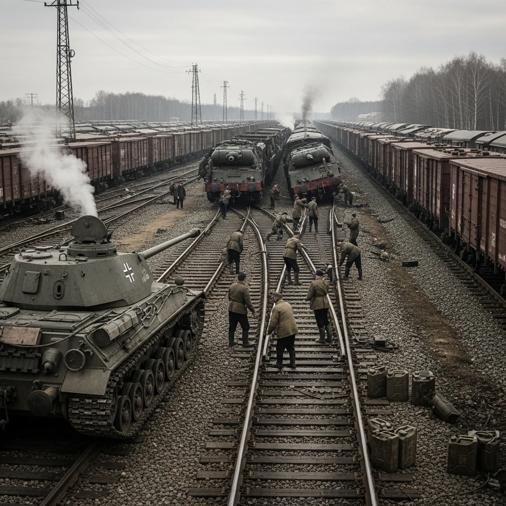 German soldiers struggling with railroad track conversion in Russia