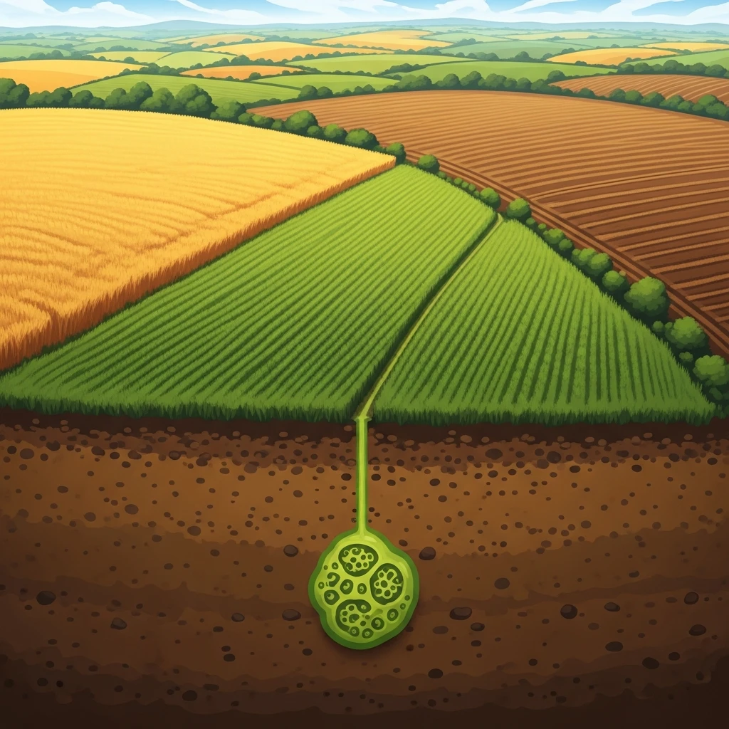 Schematic showing a three-field crop rotation system from an aerial perspective, indicating fields designated for different crops and resting.