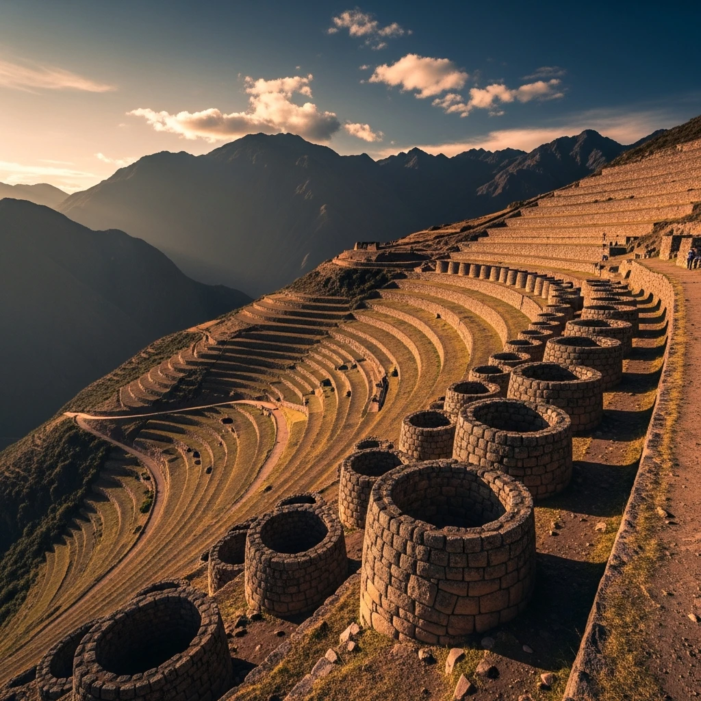 Photorealistic scene of Inca stone storage houses (*qullqa*) lining a terraced mountain slope next to a massive imperial road, symbolizing state logistics.