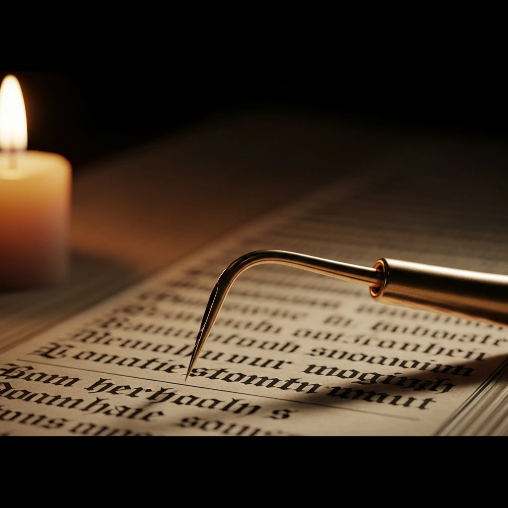 A highly detailed bronze surgical instrument resting on aged manuscript paper, symbolizing ancient surgical precision.