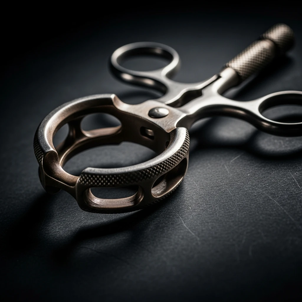 A close-up photograph of a specialized antique bronze bone drill, or trephine, designed for skull surgery.