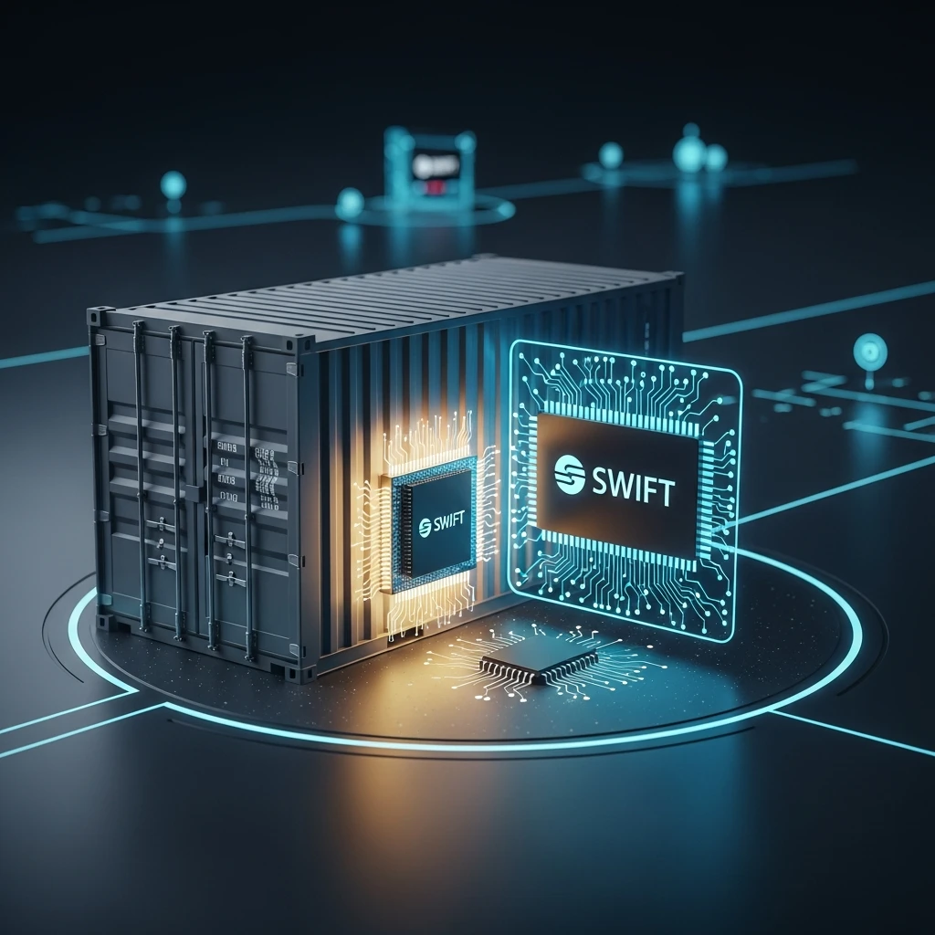 A colossal steel shipping container next to a glowing circuit board, symbolizing concentrated economic activity connected by intense, localized digital webs.