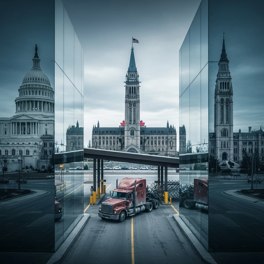 Three national structures separated by reflective glass borders, with a rusted semi-truck stuck at a border crossing, symbolizing reluctant integration.