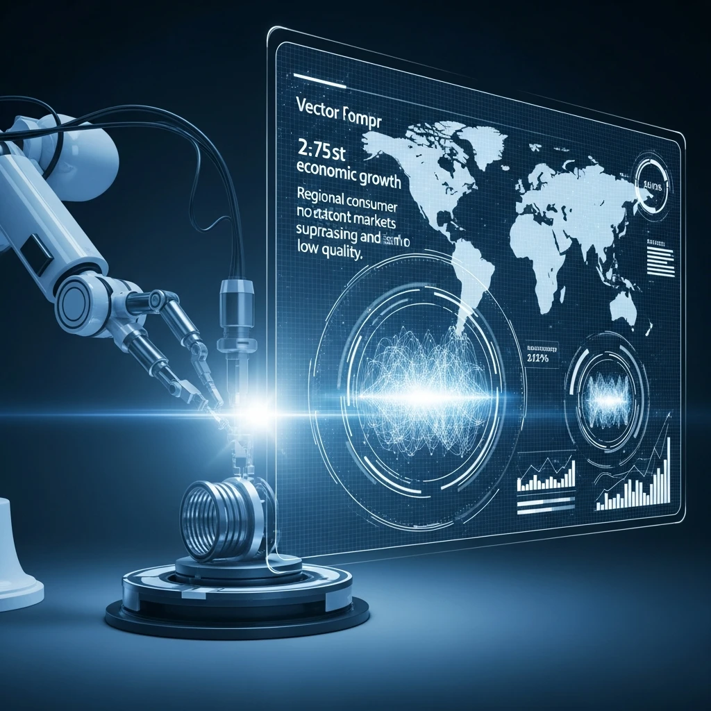 Vector illustration of a robotic arm next to a glowing holographic projection showing regional consumer growth, symbolizing high-tech regional advantage.