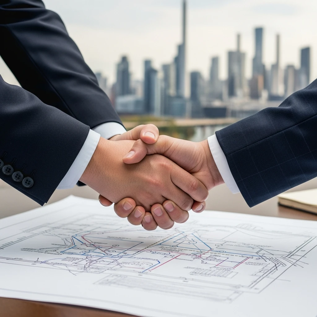 Three hands representing North America clasped together over a blueprint showing seamless transportation routes, symbolizing collaborative prosperity.
