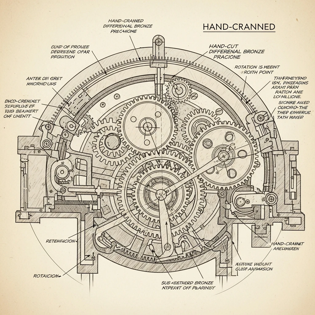 Detailed illustration of the internal gears and mechanical structure of the Antikythera Mechanism.
