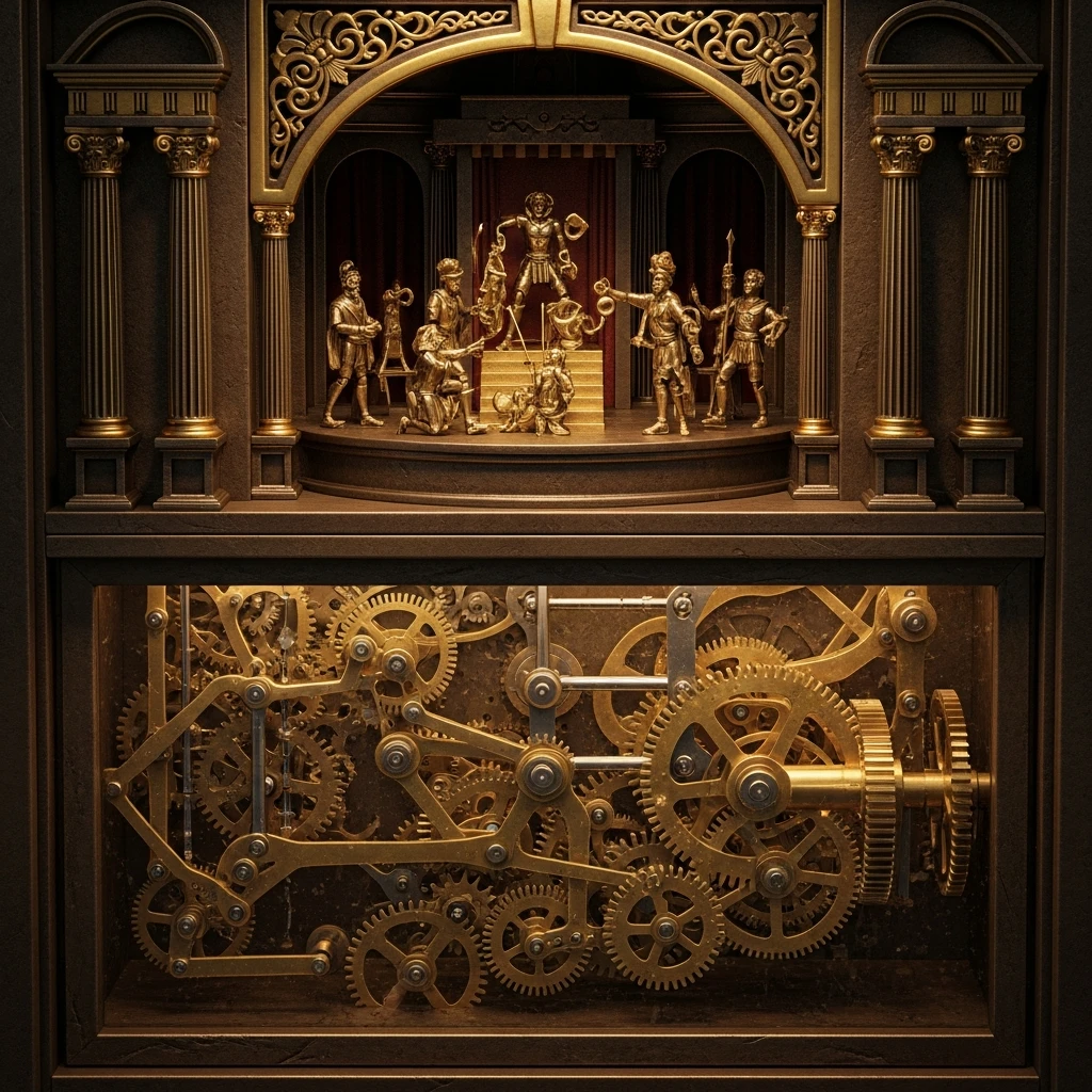Detailed view of a bronze automaton theater showing the stage and the sequential control mechanism beneath it.