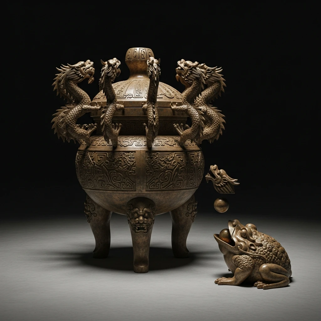Bronze urn seismoscope (Zhang Heng's device) with a dragon dropping a ball into a frog's mouth.