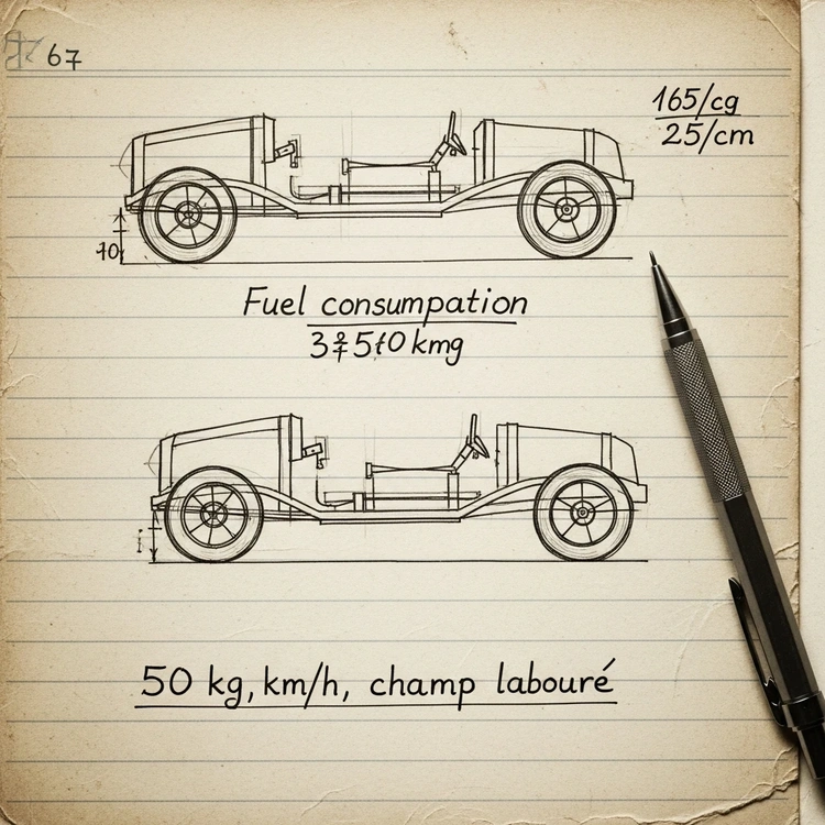 A close-up of an old notebook with technical sketches and calculations for a simple vehicle, next to a pencil.