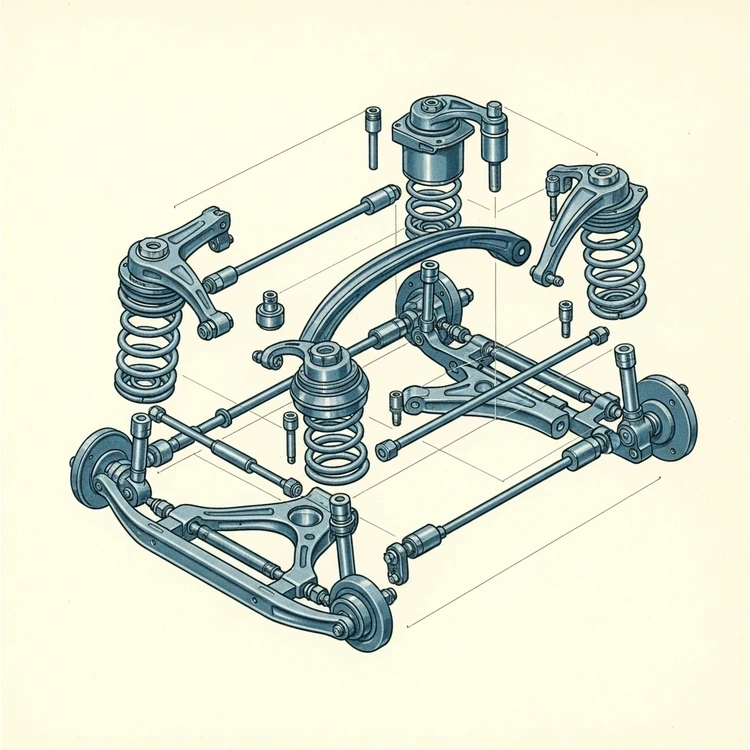 A technical diagram showing the disassembled suspension components of a Citroën 2CV car in mid-air.