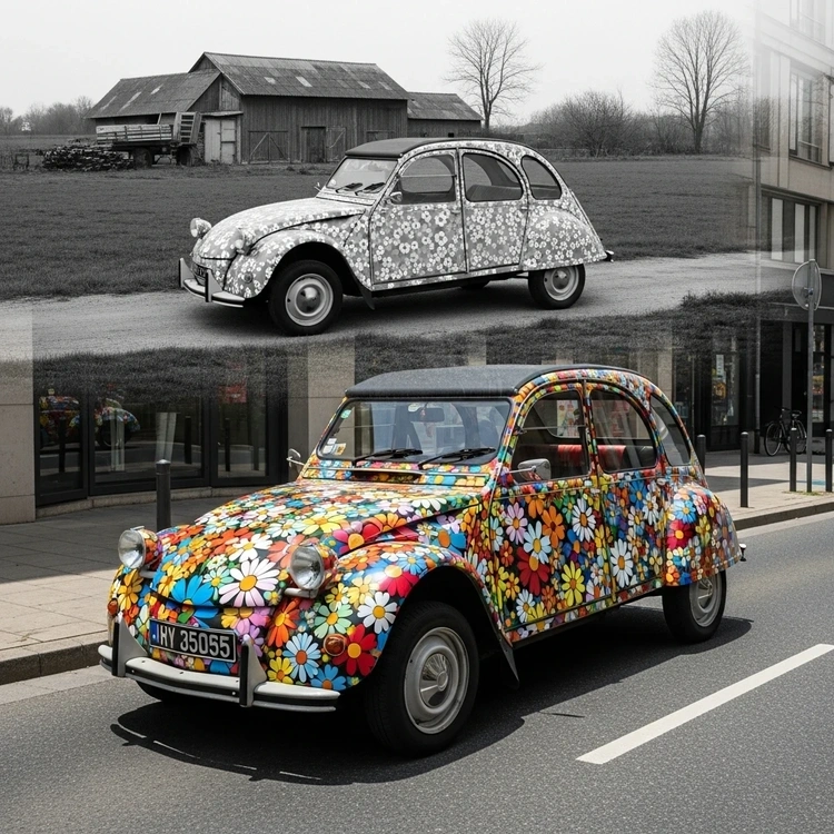 A composite image of a decorated Citroën 2CV in a modern city, superimposed over a historical photo of a similar car in a countryside setting.